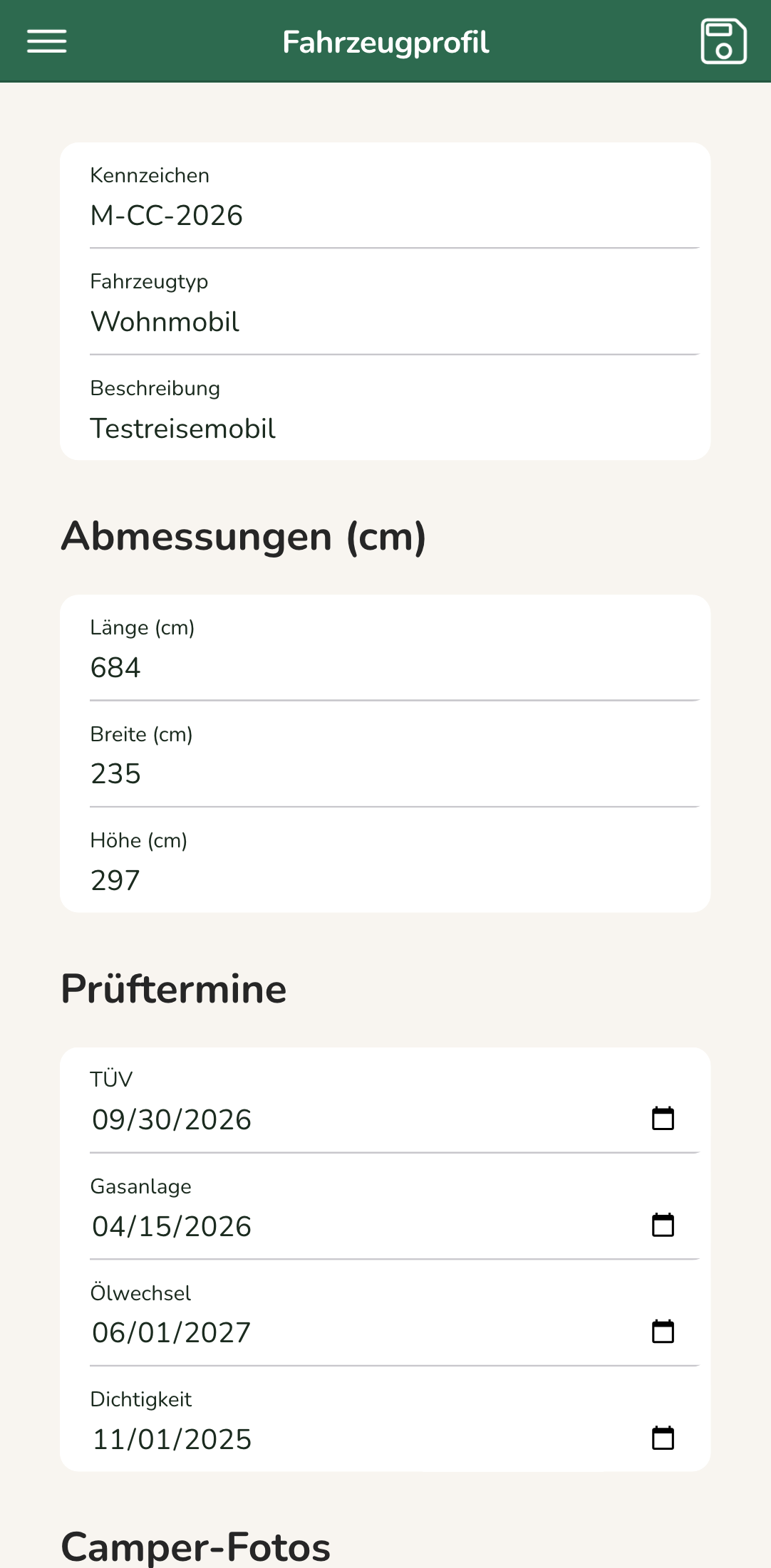 CamperCheck Fahrzeugprofil – Maße, Gewichte und Kennzeichen