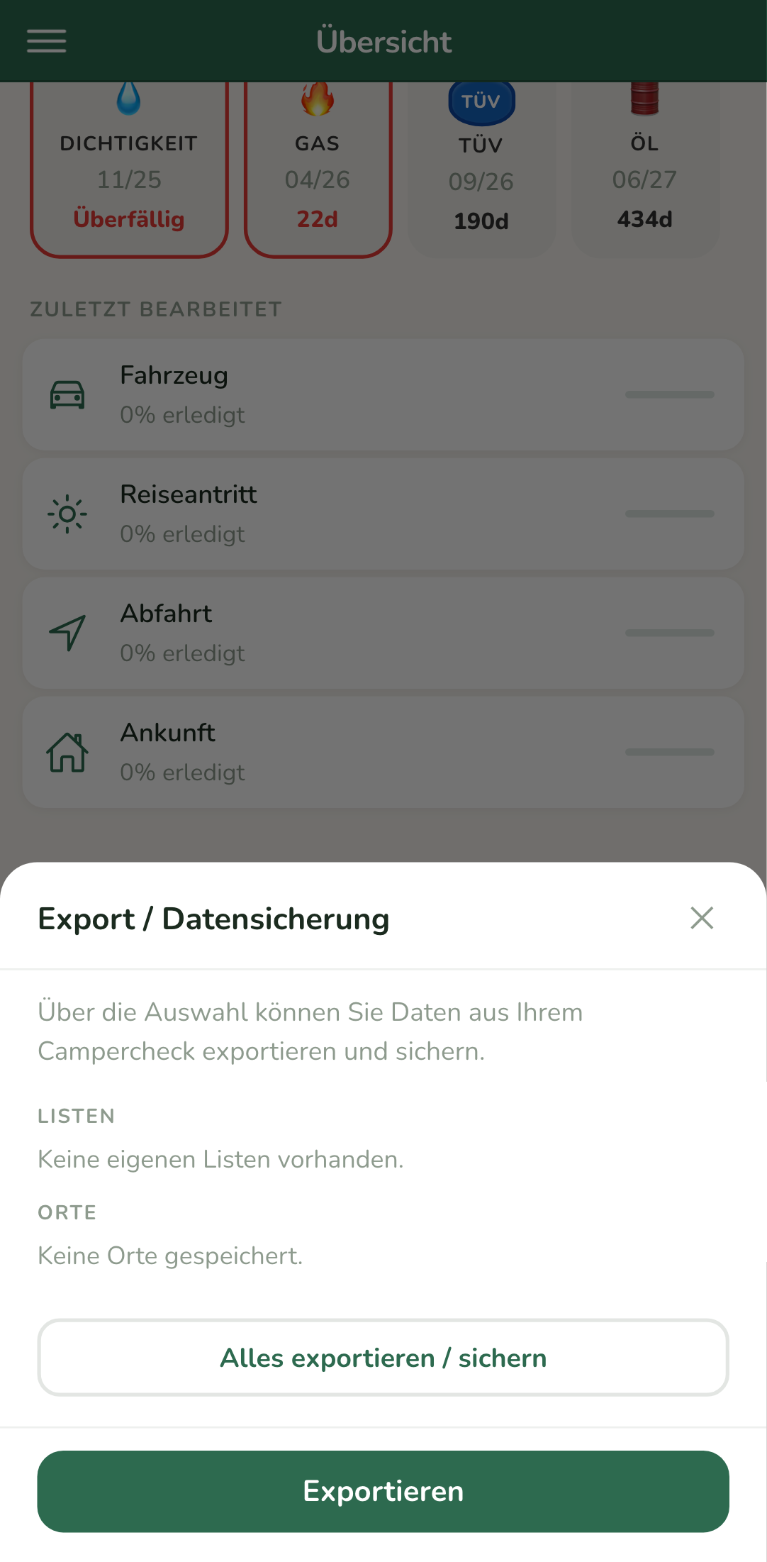 CamperCheck Datensicherung – Export und Import aller Daten
